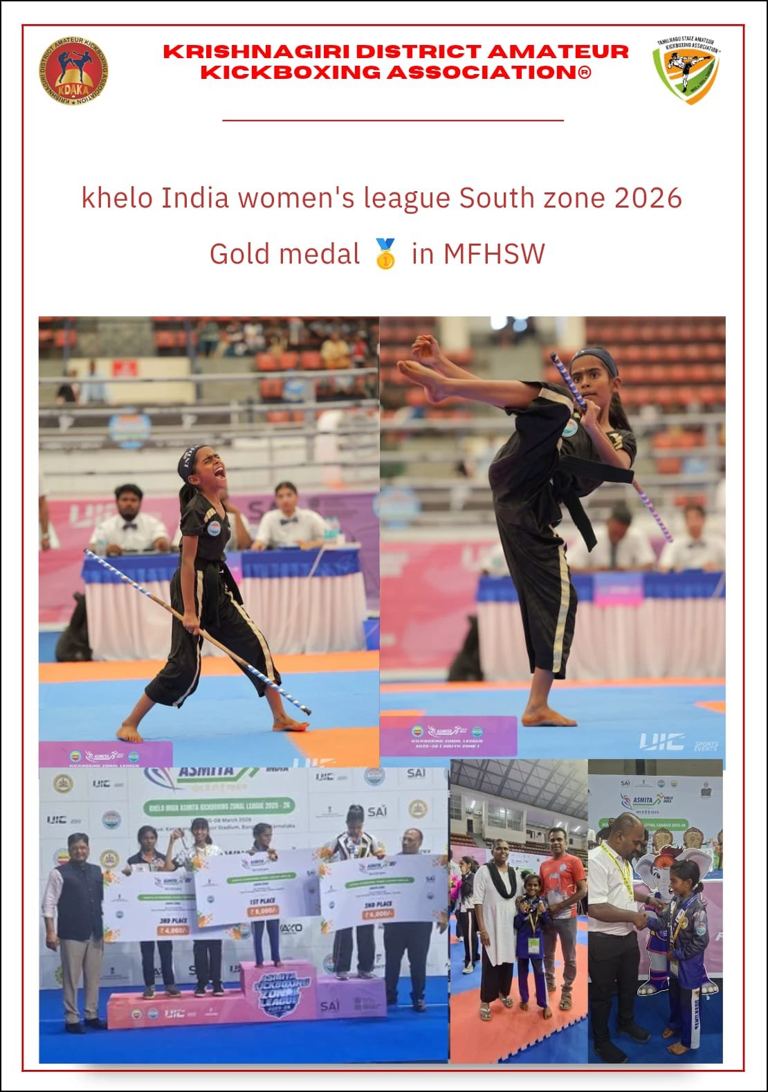 Krishnagiri District Amateur Kickboxing Association poster: Rakshathra's Gold medal at the Khelo India Women's League South Zone 2026