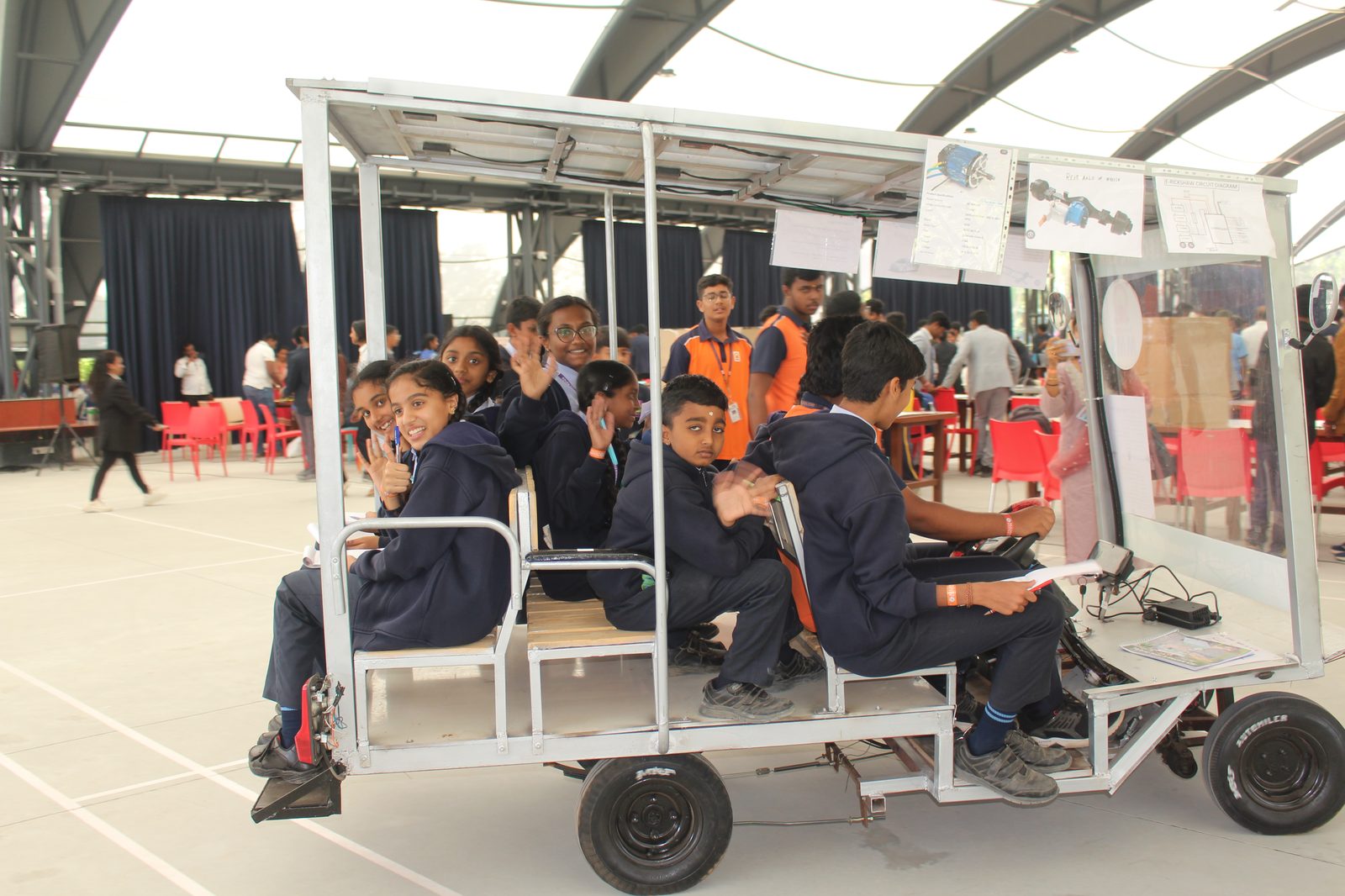 A group of MMS students on a full ride aboard the Solar and Electric Car