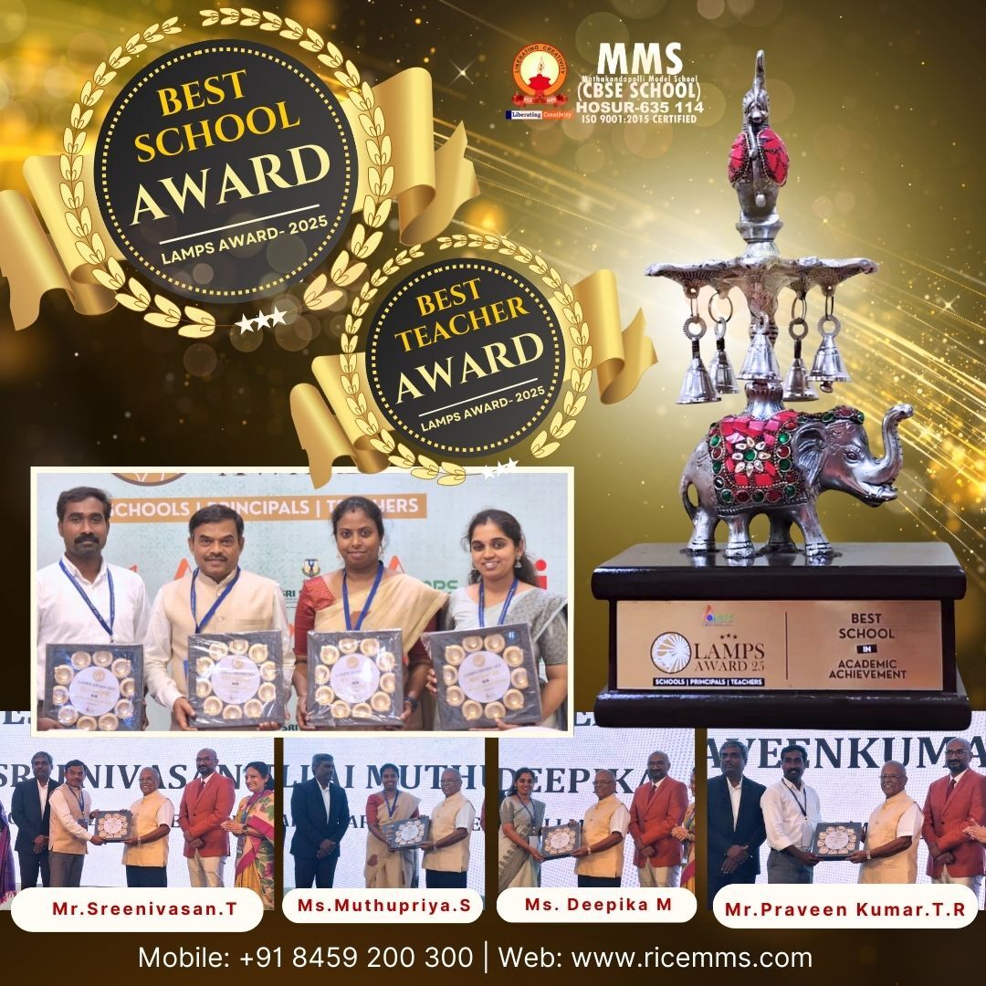 MMS's LAMPS Award 2025 trophy and medallions for Best School (Academic Achievement) and Best Teacher, with the award being received on stage