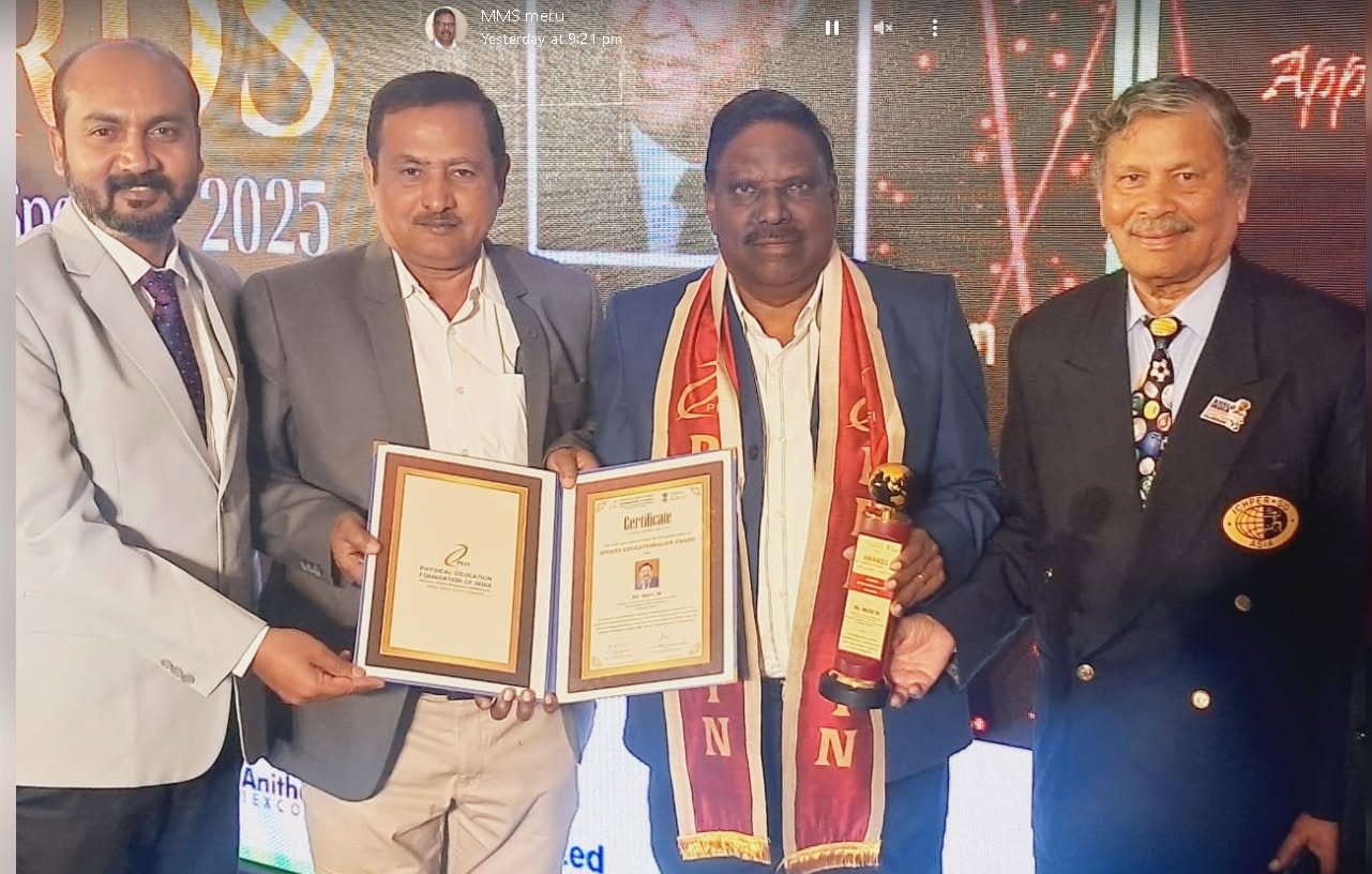 Mr. Meru M with PEFI officials, holding the award certificate and trophy