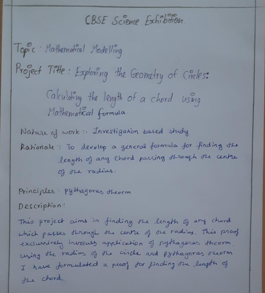 The handwritten CBSE Science Exhibition project plan sheet for Exploring the Geometry of Circles
