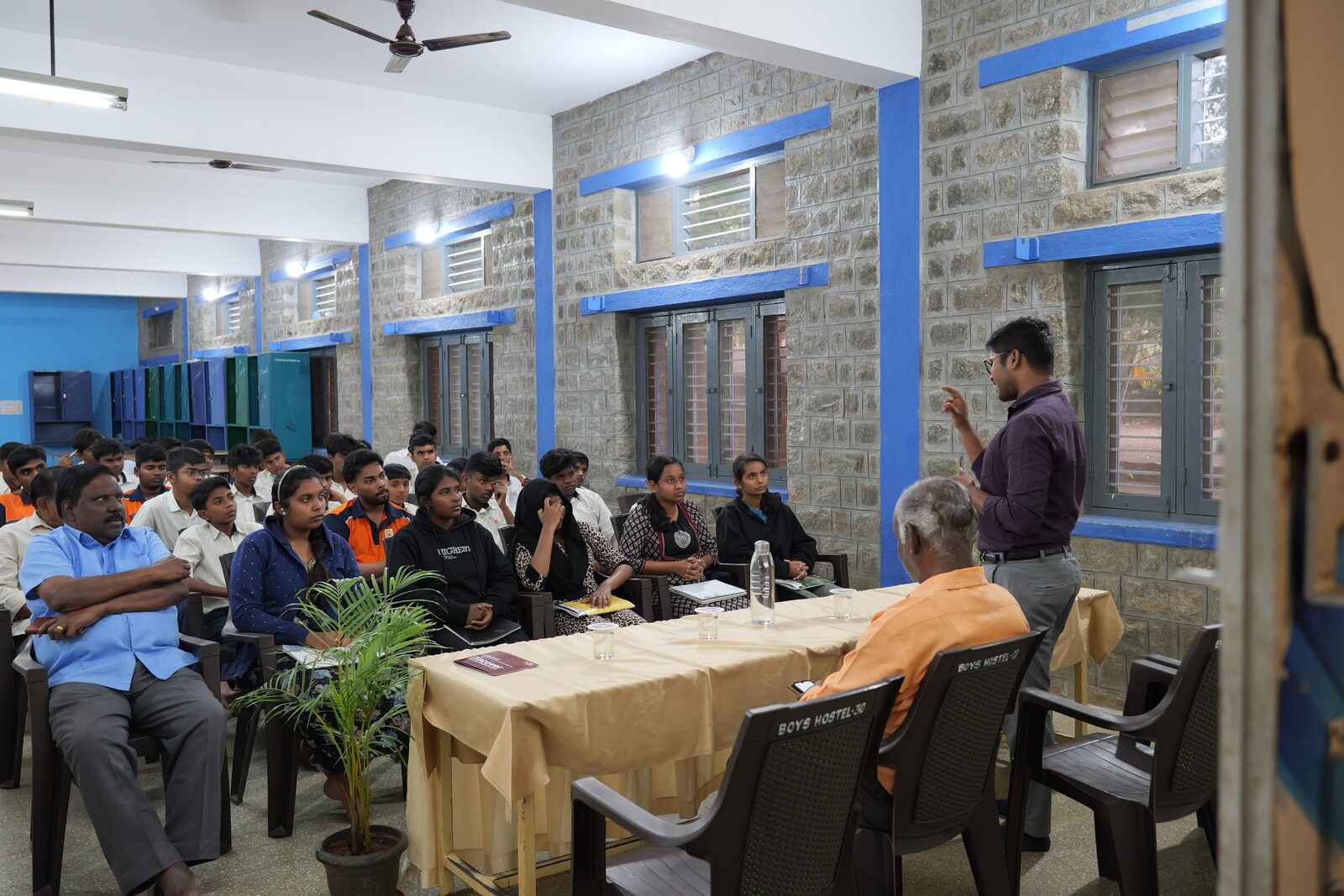 Hostel orientation meeting with students, parents, and staff