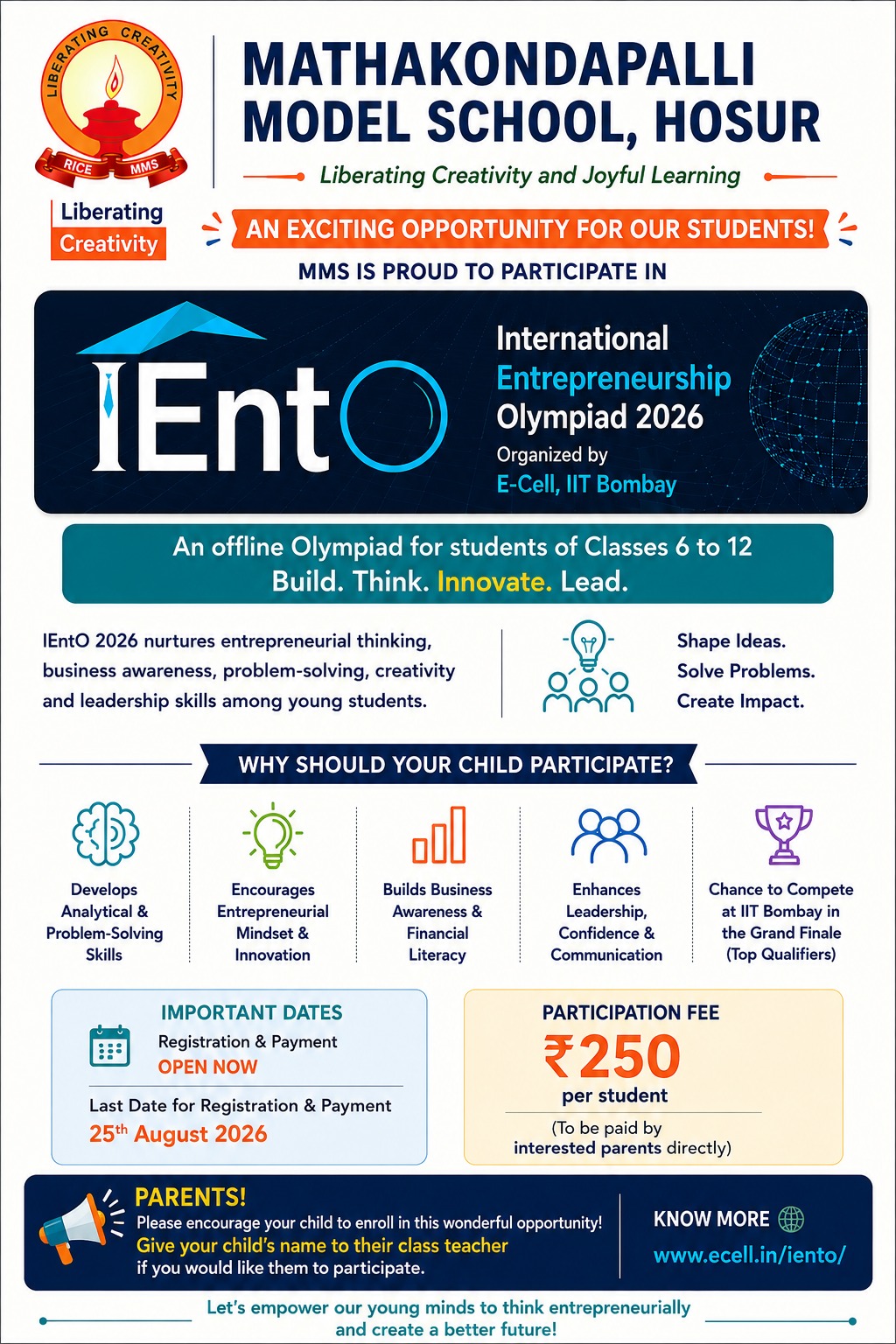 MMS parent poster for the International Entrepreneurship Olympiad IEntO 2026, organised by E-Cell IIT Bombay