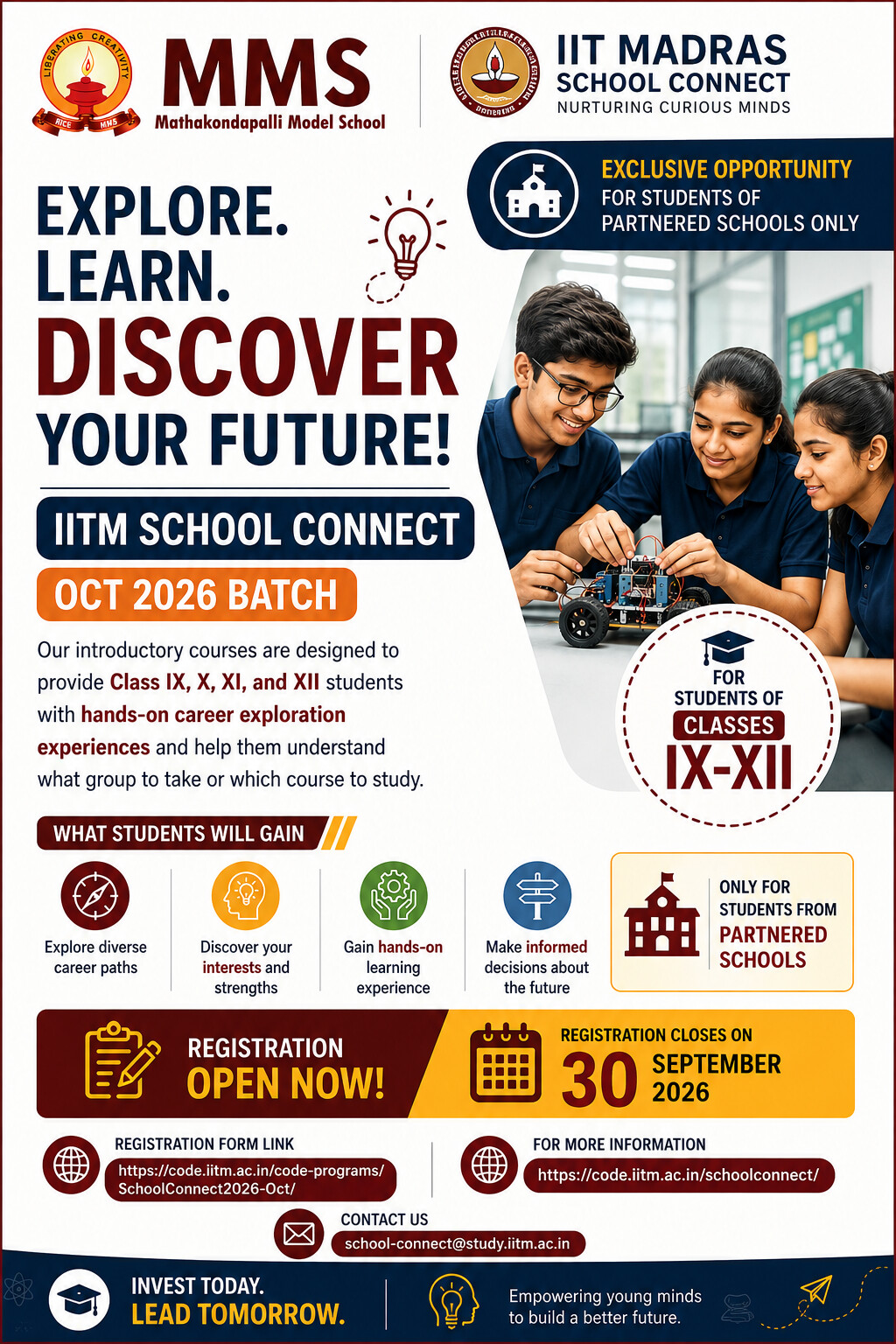IITM School Connect, October 2026 batch registration poster