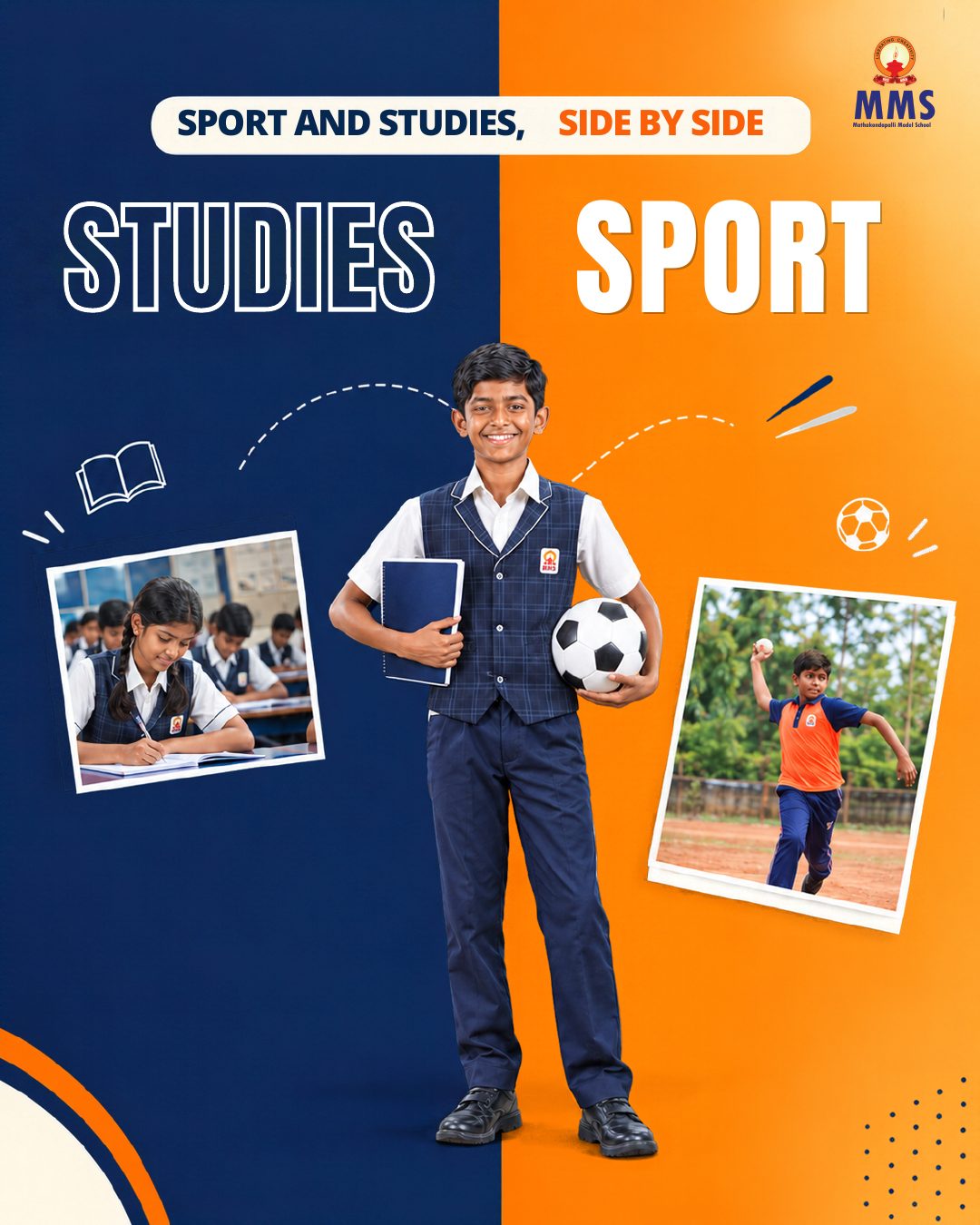 Sport and studies, side by side: a student with his books and a football.