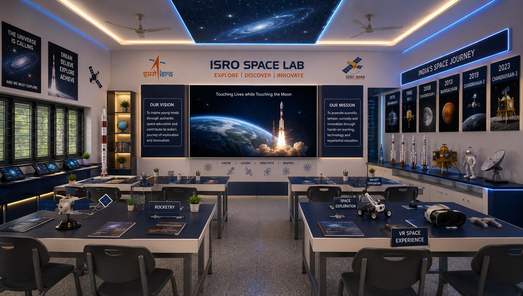 Space Lab exhibit hall, featuring the Chandrayaan-3 lander and rover model and space milestones displays