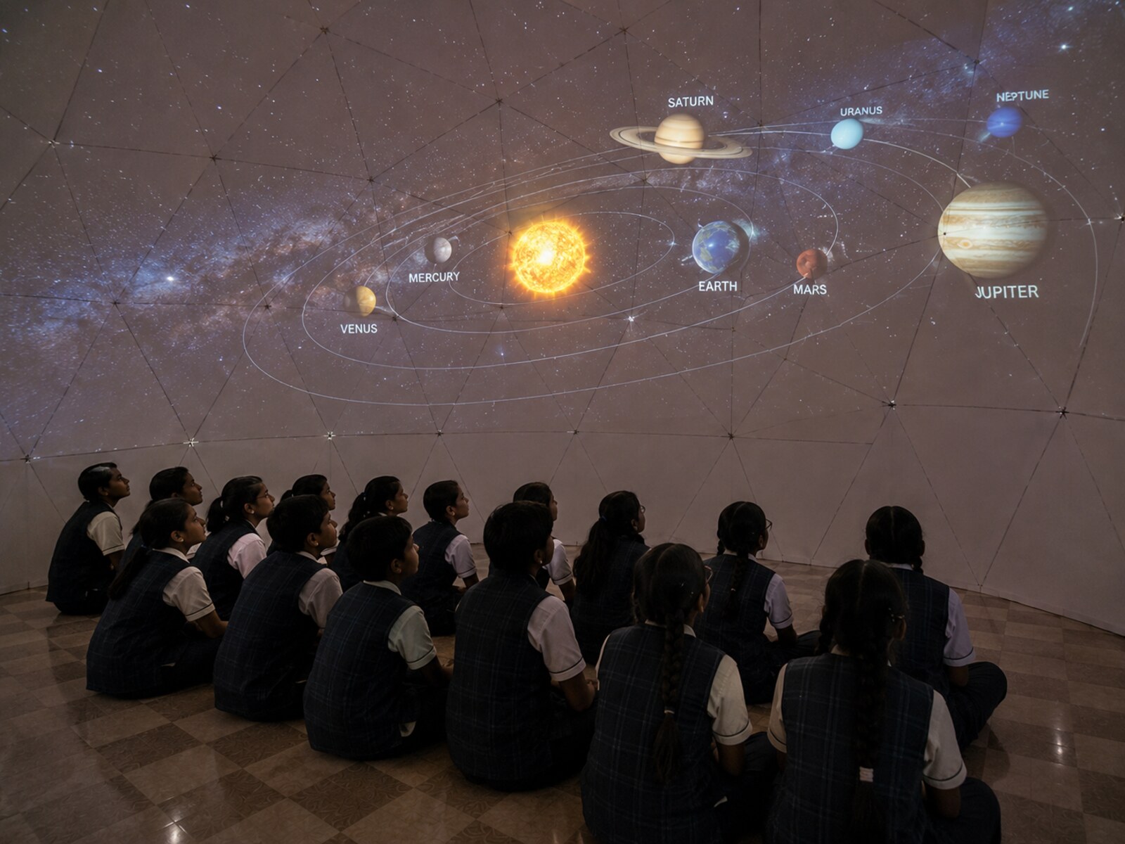 MMS students seated inside the Version 1 planetarium dome, watching a projected show of the sun and planets of the solar system