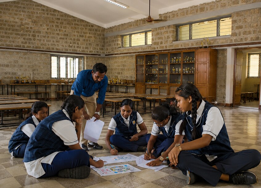 Students and a teacher planning the Version 1 planetarium dome around printed panel templates