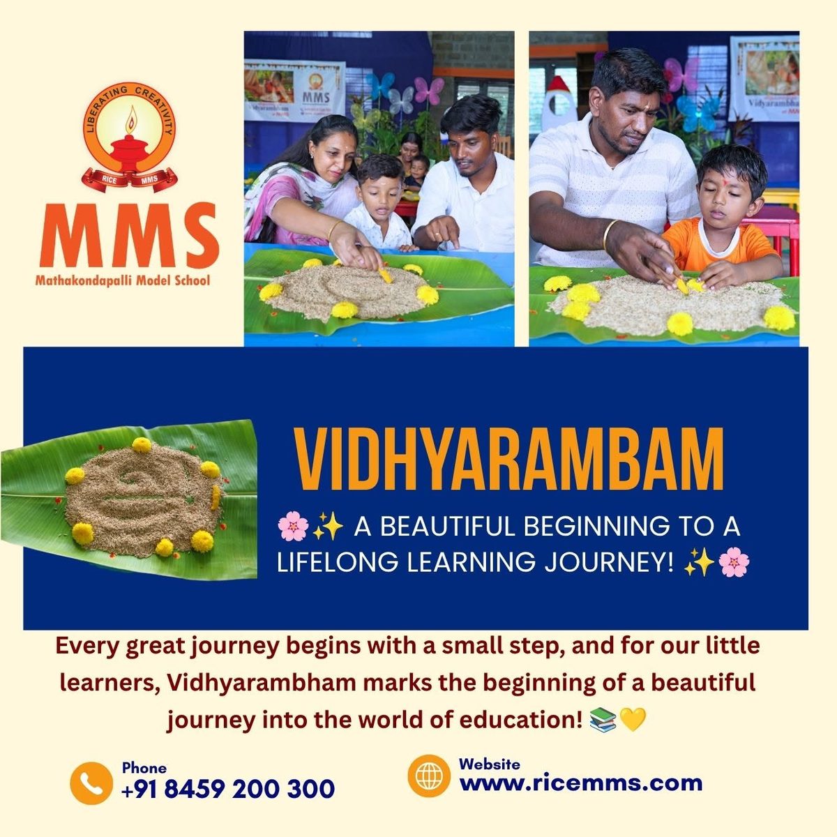 Vidhyarambam at MMS: a beautiful beginning to a lifelong learning journey. Call +91 8459 200 300 or visit www.ricemms.com