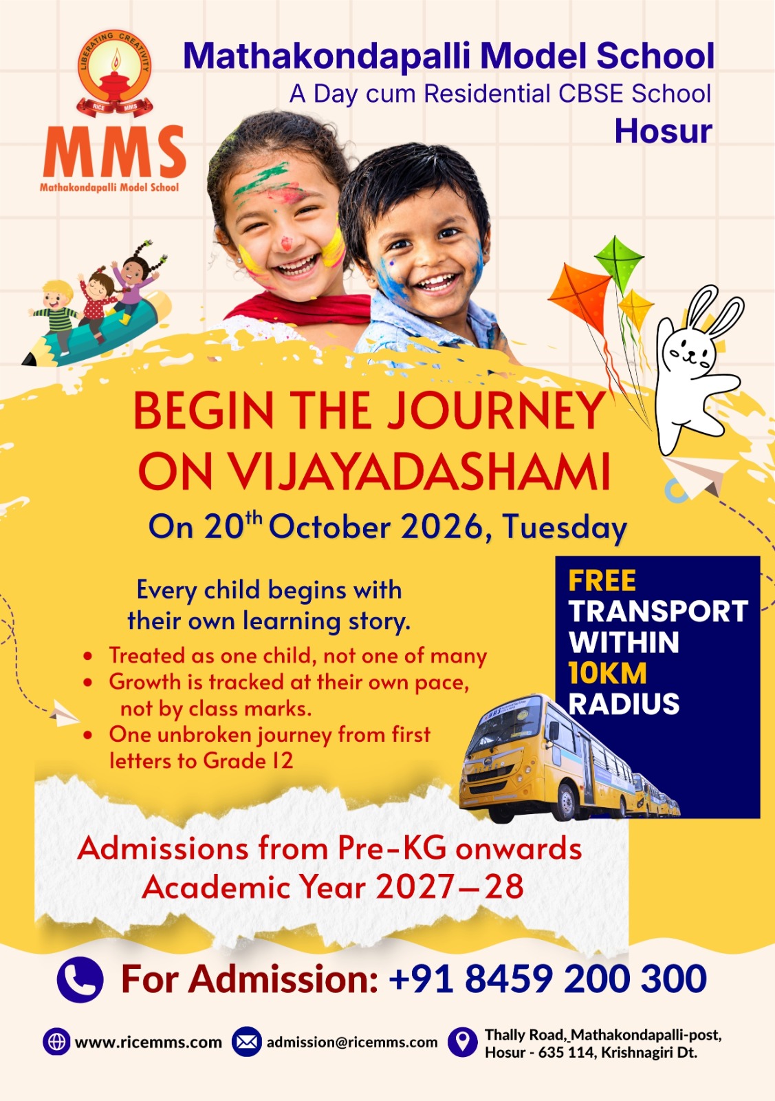 Vijayadashami Admissions Open flyer: Mathakondapalli Model School, Begin the Journey on Vijayadashami, 20th October 2026 (Tuesday), free transport within 10km radius, admissions from Pre-KG onwards for Academic Year 2027-28