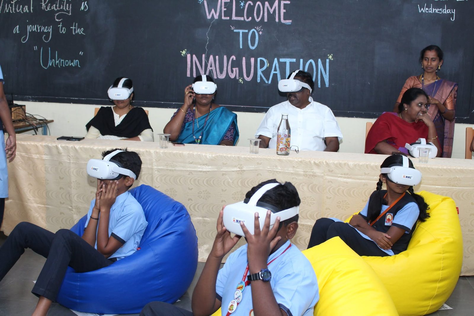 Guests and students wearing VR headsets at the VR Class Voyage inauguration, 24 January 2024