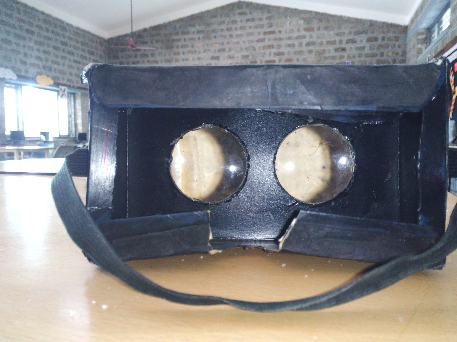 Close up of the lenses inside the homemade cardboard VR viewer